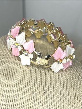 BSK Vintage 50s Pink & White Thermoset Ivy Panel Bracelet AB Rhinestones
